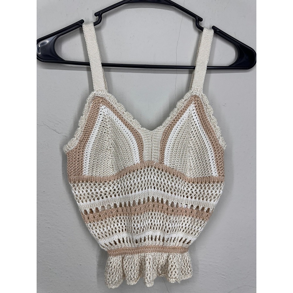 Madden NYC Crop Top Womens XS Cream Tan Crochet Knit Striped Ruffle Hem Bohemian